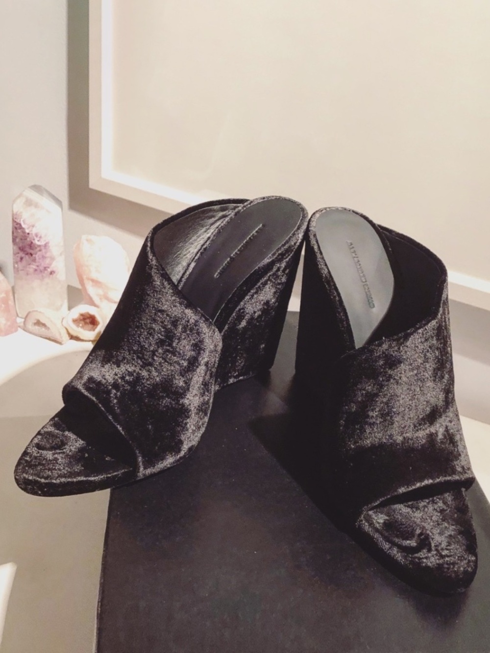ALEXANDER WANG Crushed Velvet Black Mules Wedges slippers slides - Picture 2 of 8